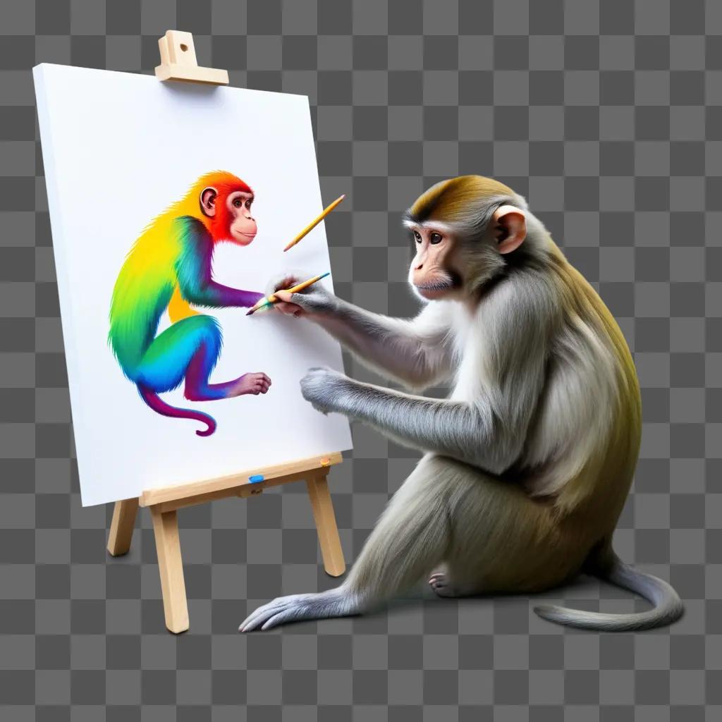 Monkey drawing with colour on easel