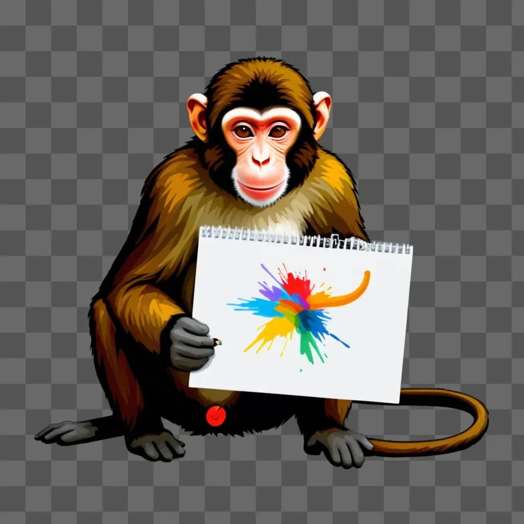 Monkey holding a drawing with vibrant splatters of paint