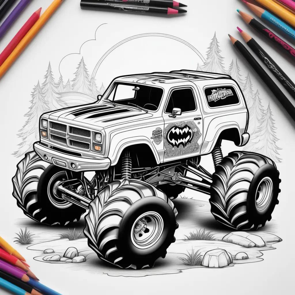 Monster Jam Coloring Pages Featuring a Monster Truck and a Batman Design