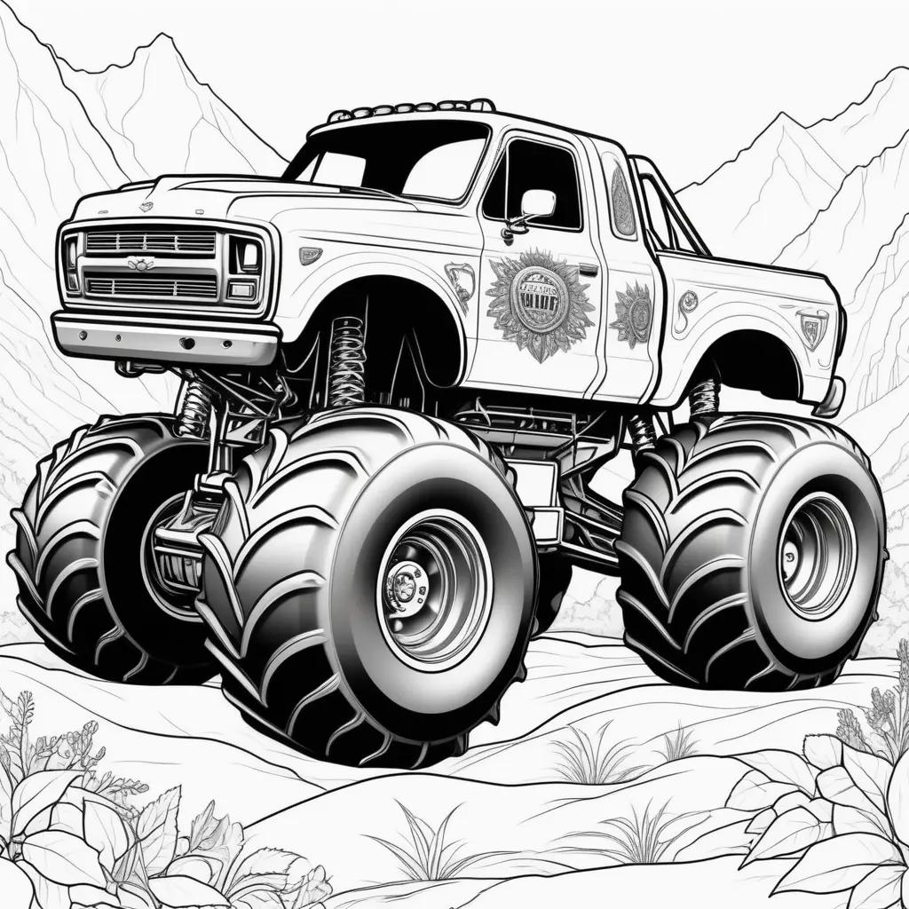 Monster Truck Coloring Page: A Black and White Monster Truck Coloring Page with Large Tires and a Big Wheel