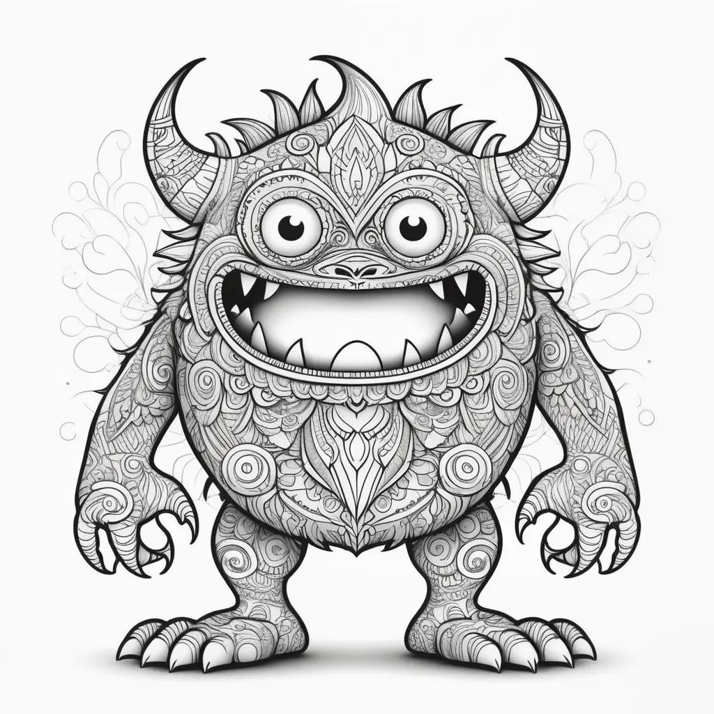 Monster coloring page features a black and white monster with horns and claws