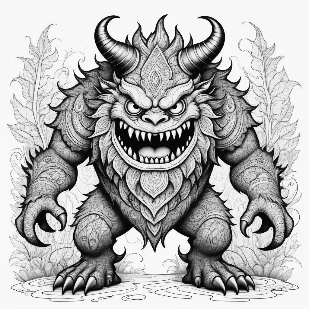 Monster coloring pages feature a grumpy beast with horns and a large mouth