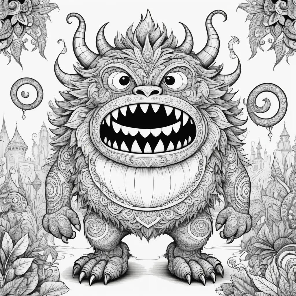 Monster coloring pages with black and white design