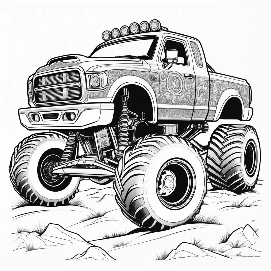 Monster truck coloring page shows monster truck with big tires and lights