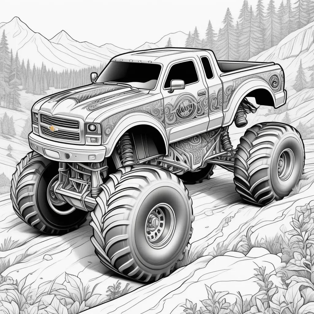 Monster truck coloring page with trees and mountains in background