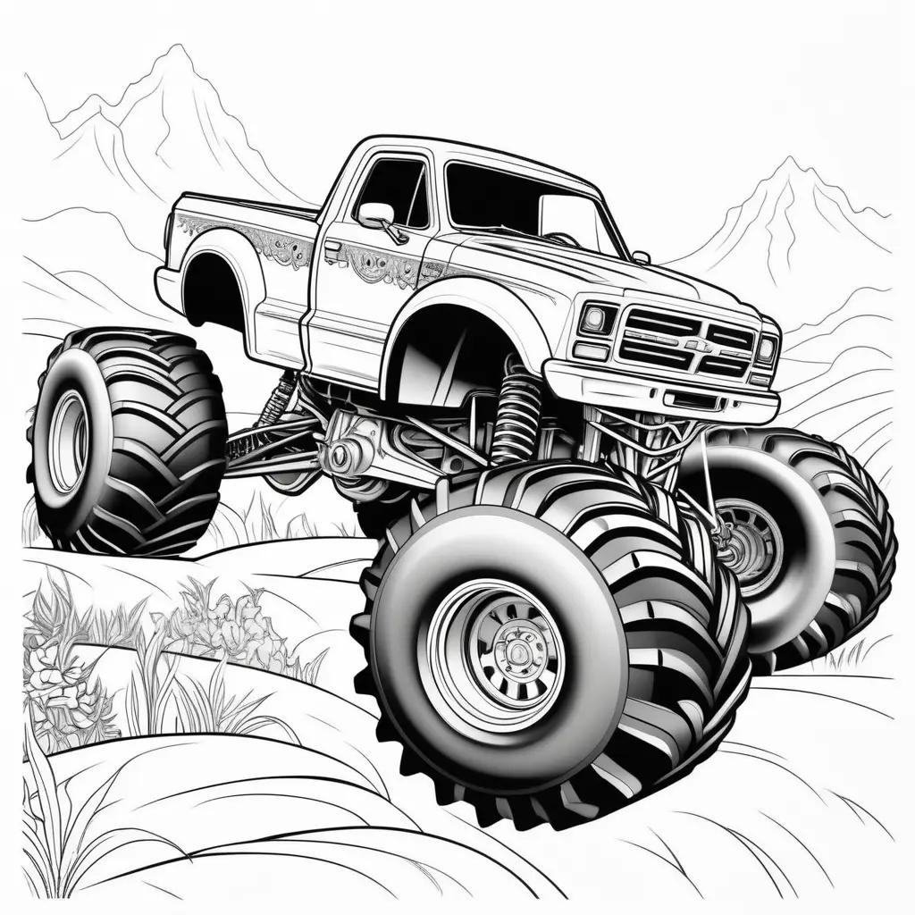 Monster truck coloring pages with large tires and mountains in background