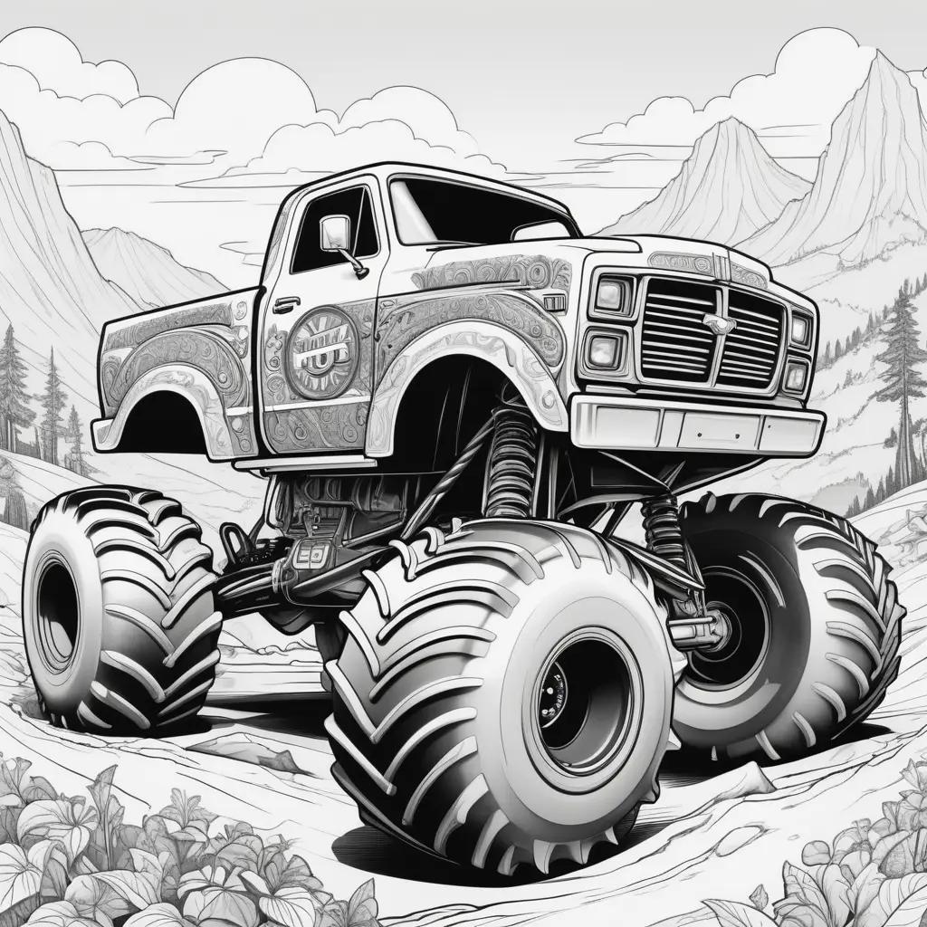 Monster truck in black and white coloring page