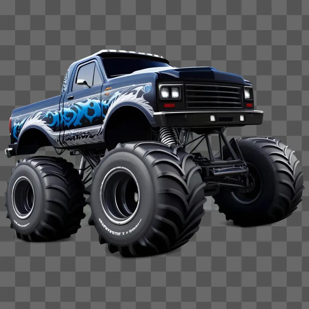 Monster truck with big tires and blue flames