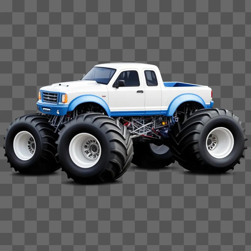 Monster truck with four huge tires and white and blue paint