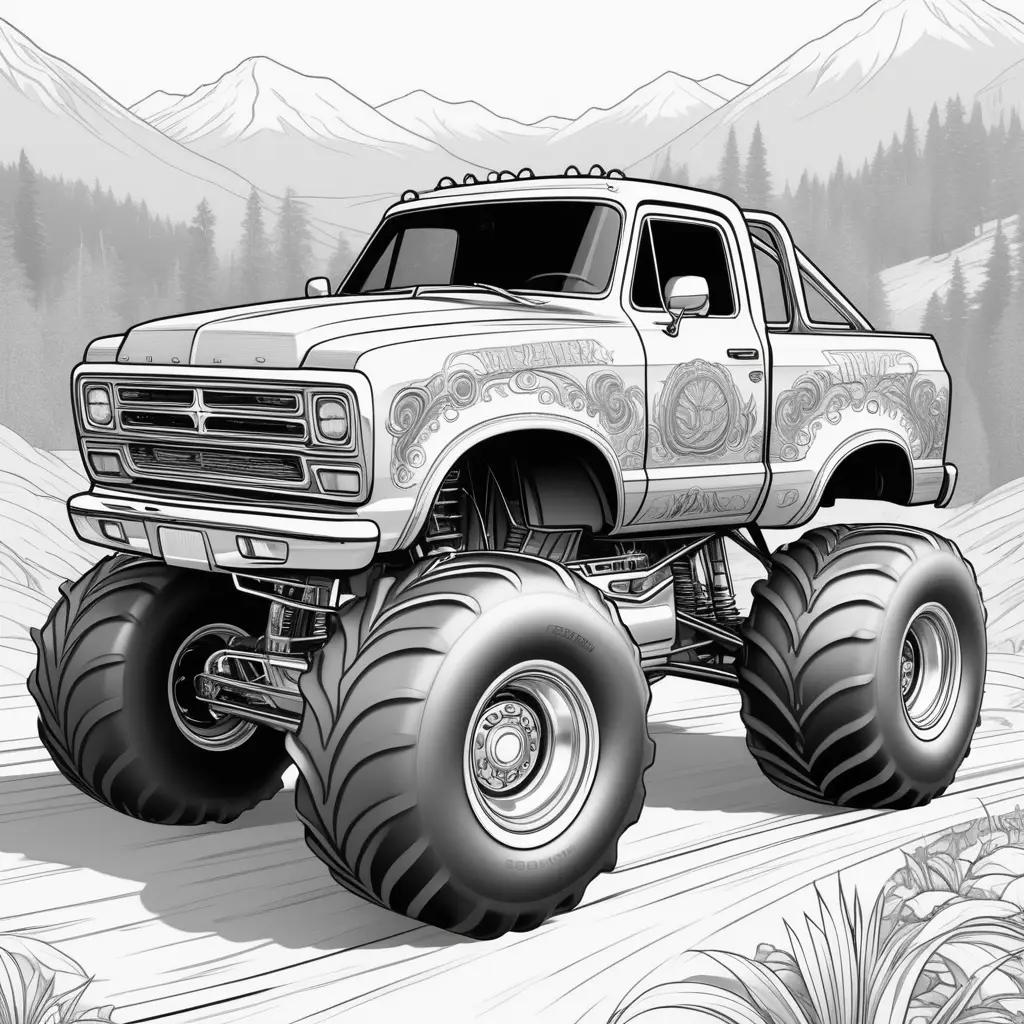 Monster trucks coloring pages with a black and white color scheme