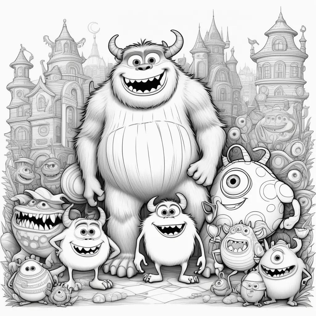 Monsters Inc. coloring pages featuring a large monster and a bunch of cute monsters