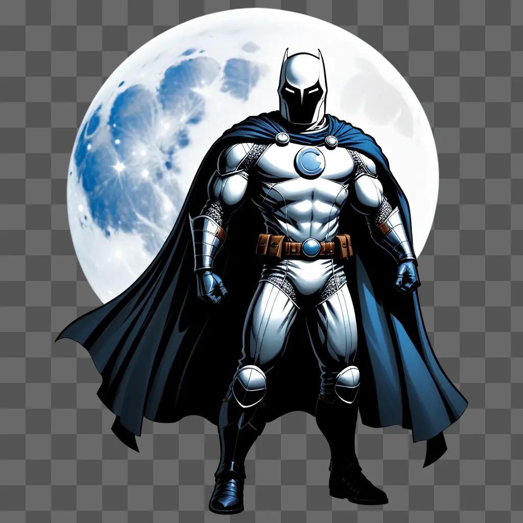 Moon Knight, the comic book superhero, stands in the moonlit sky