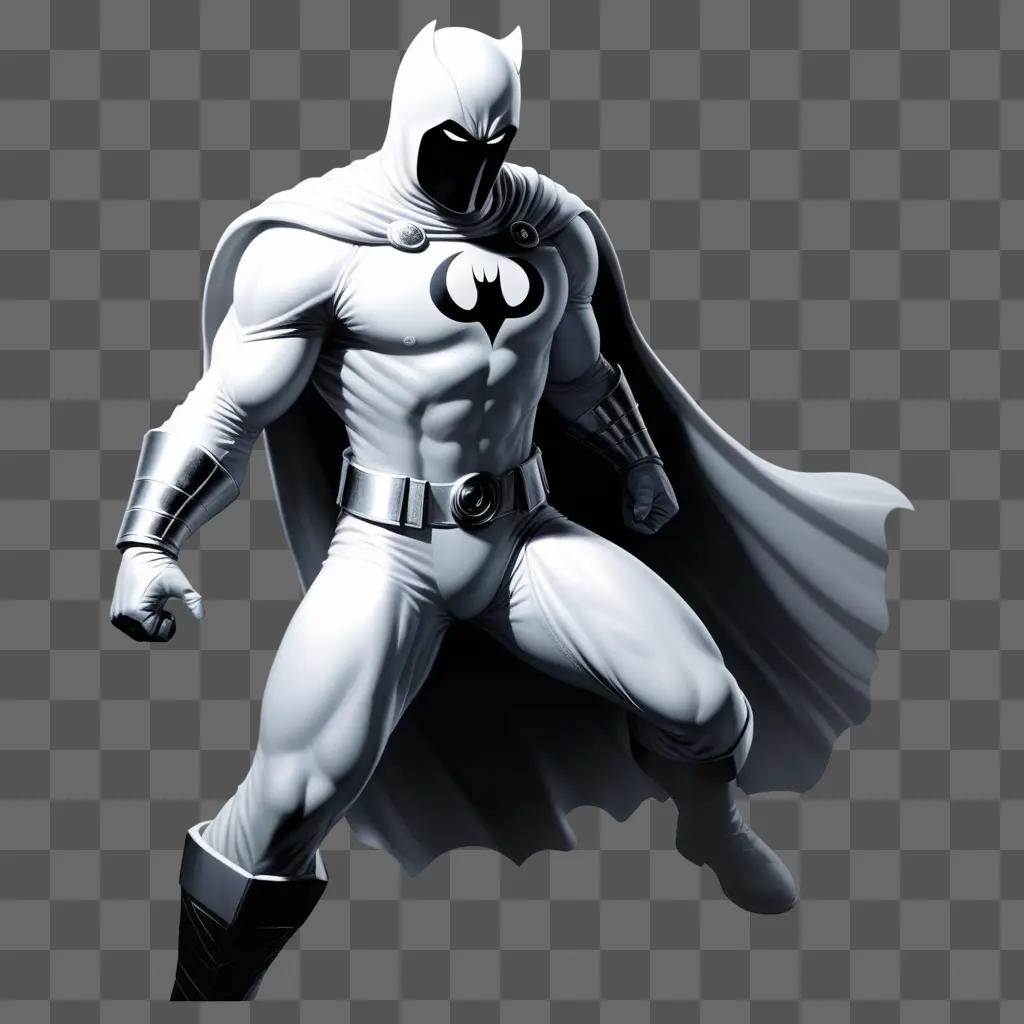 Moon Knight stands in a white suit on a gray background