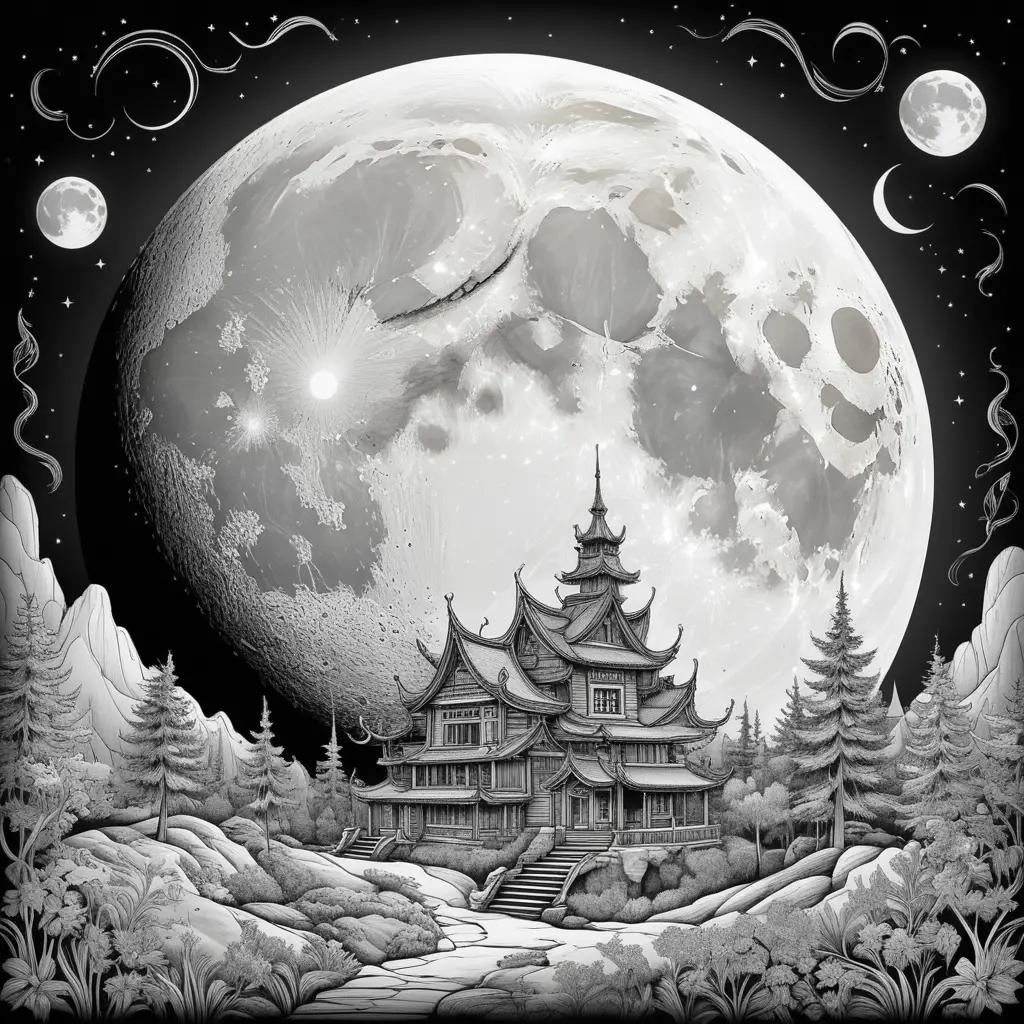 Moon color pages of a mystical scene with trees, a house and a moon