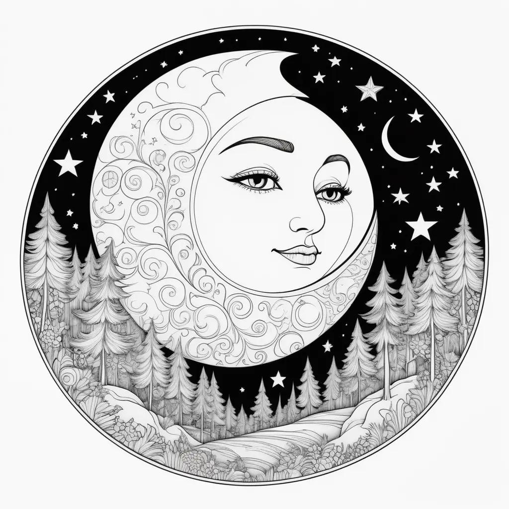 Moon coloring page with a starry night background