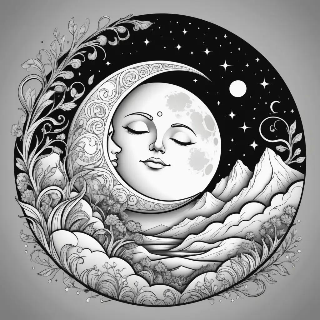 Moon coloring page with stars and clouds