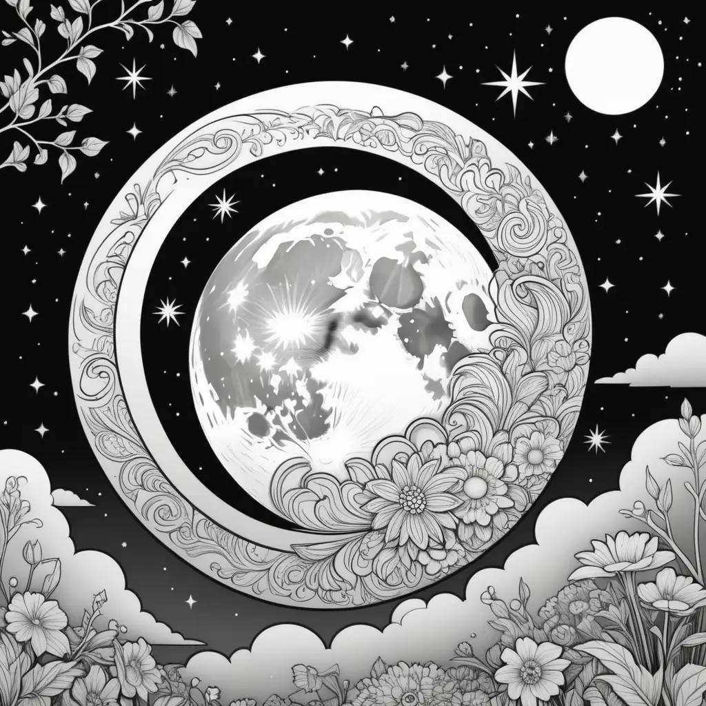 Moon coloring page with stars and flowers