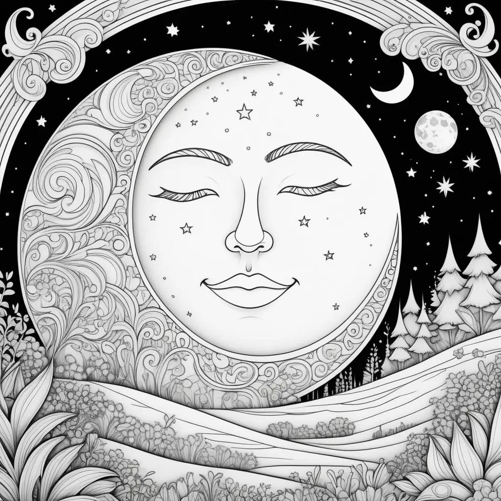 Moon coloring page with stars and trees