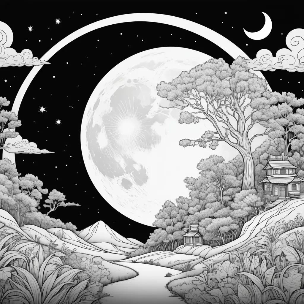 Moon coloring pages of a village under a dark sky