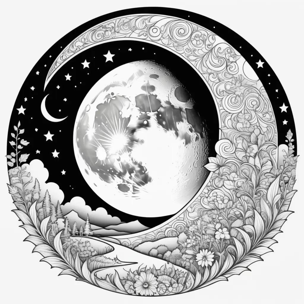 Moon coloring pages with a black and white drawing of the moon