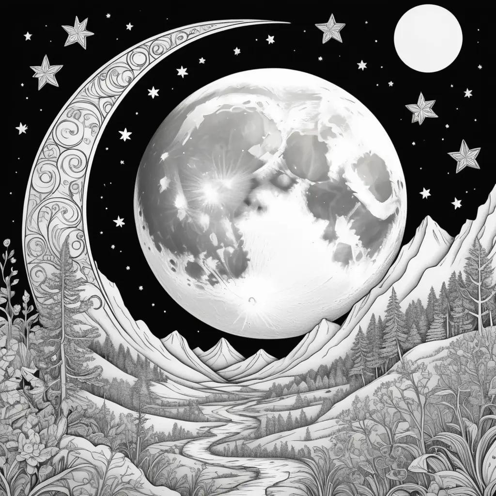 Moon coloring pages with a mountain and trees