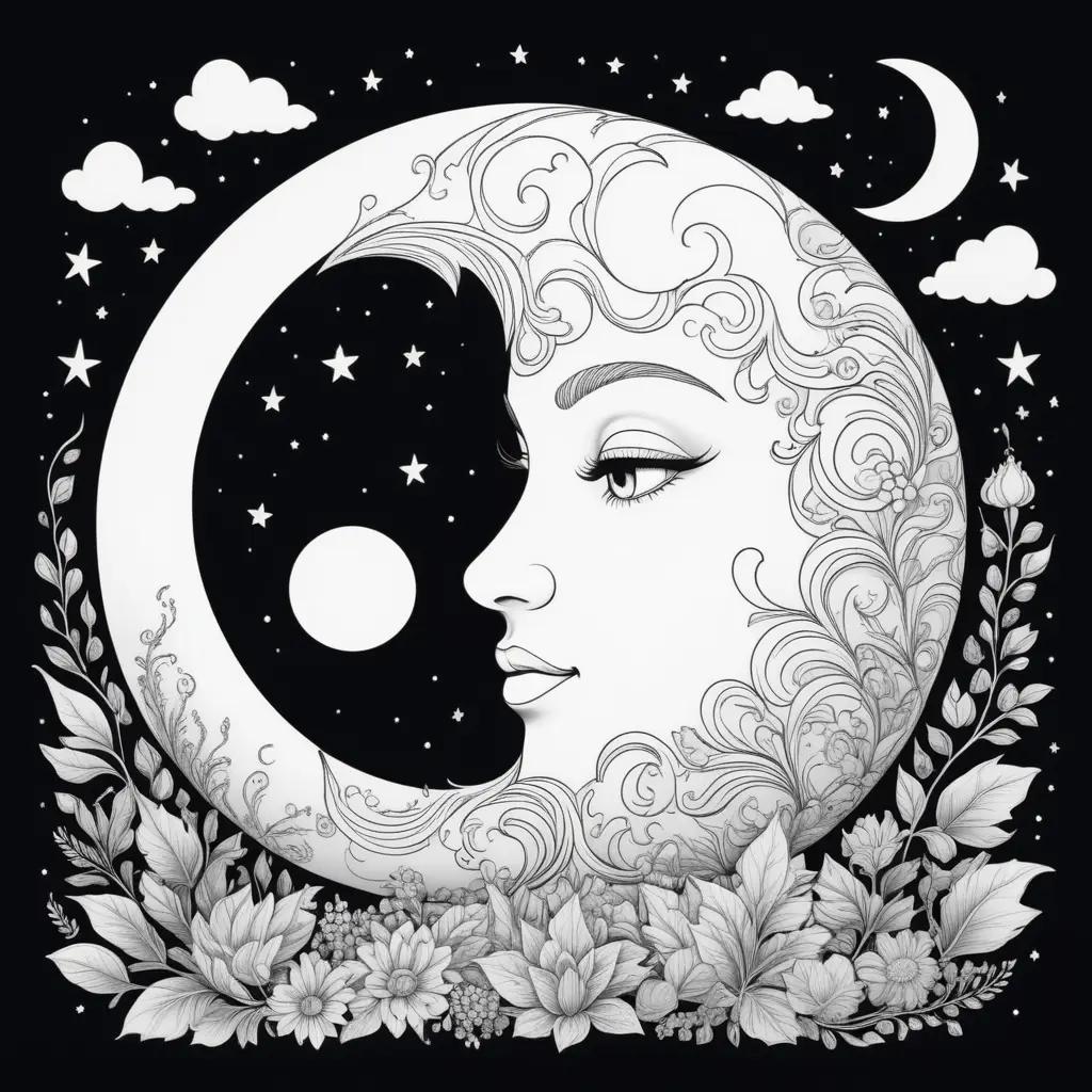 Moon coloring pages with floral and star design