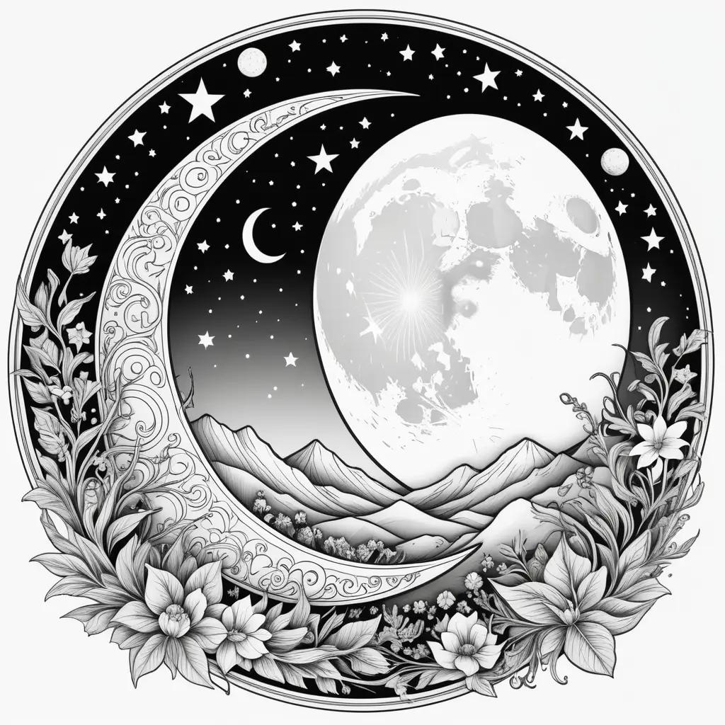 Moon coloring pages with floral and star designs