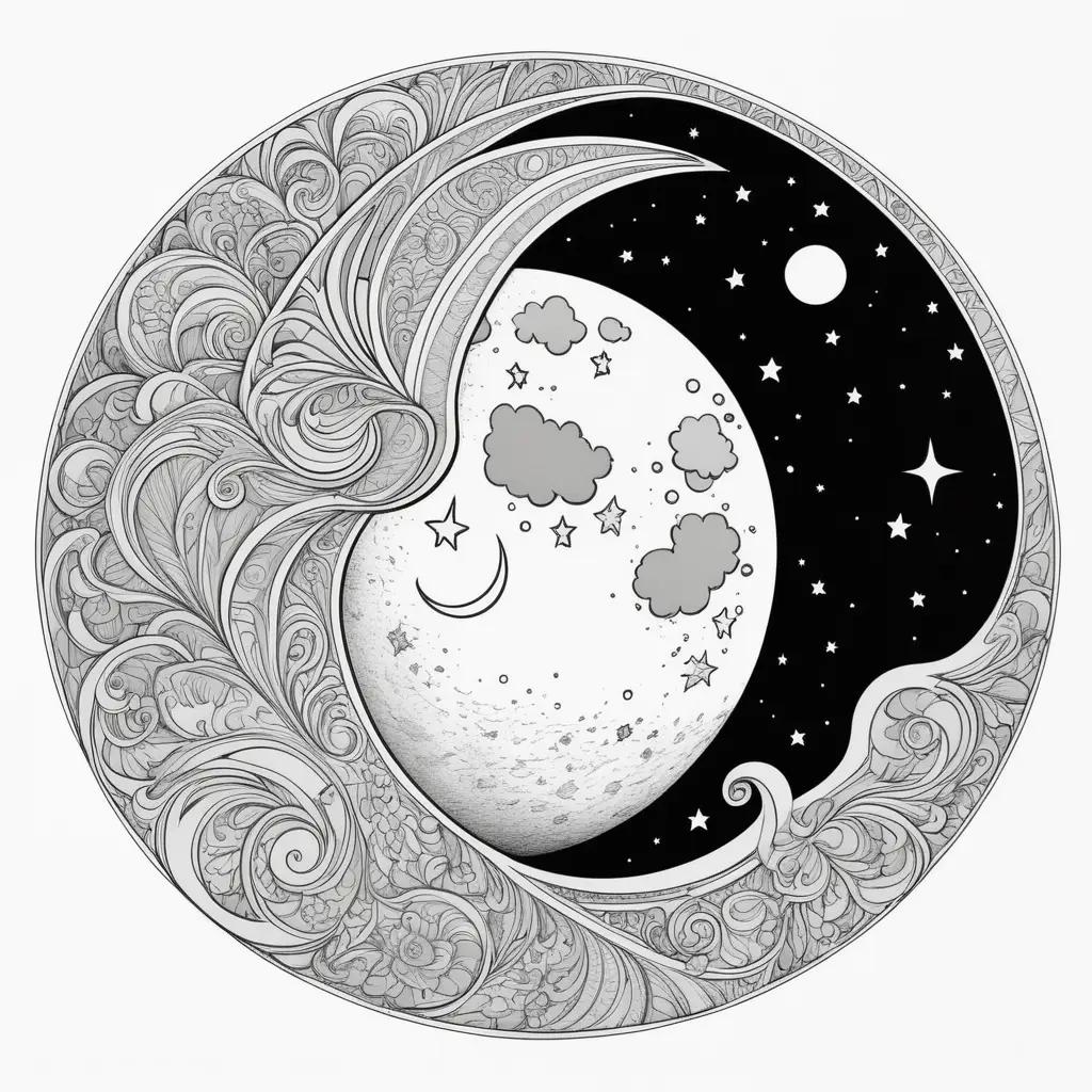 Moon coloring pages with stars and clouds