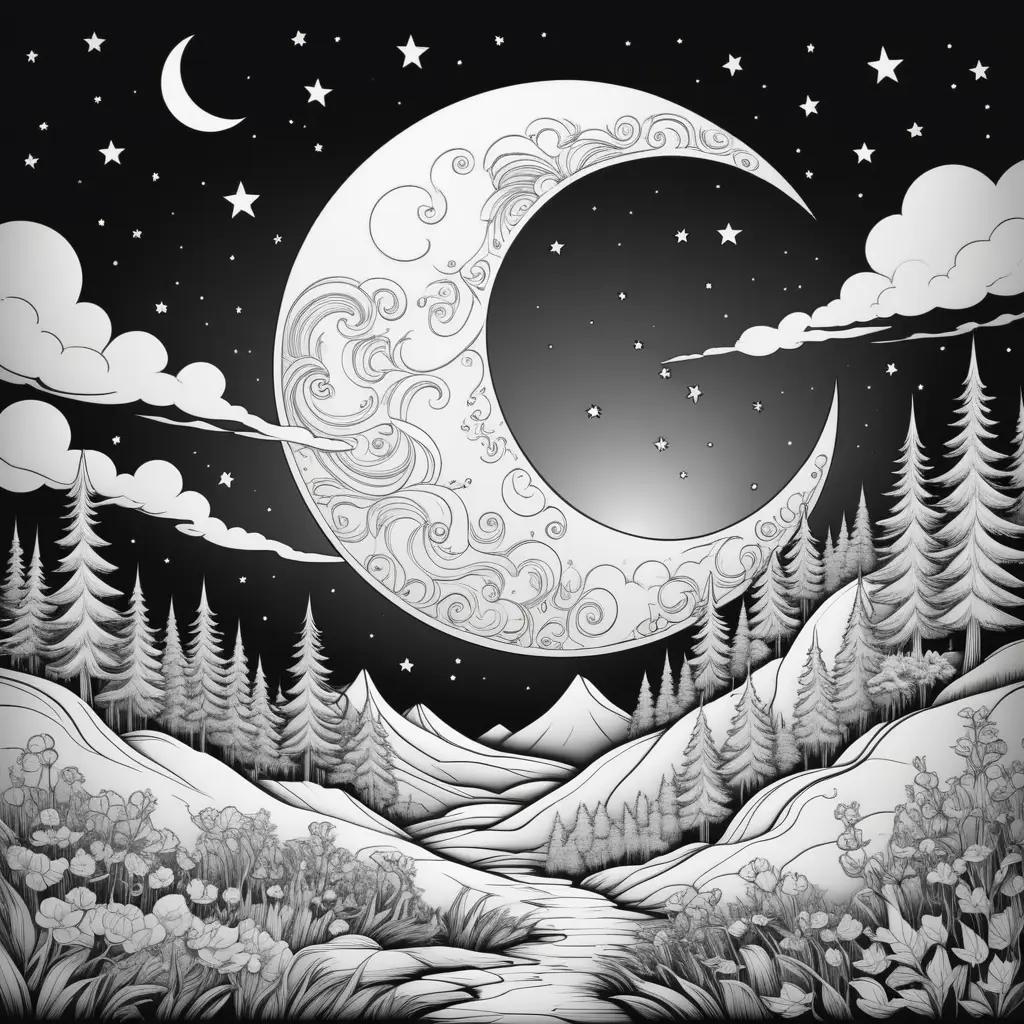 Moon coloring pages with stars and mountains