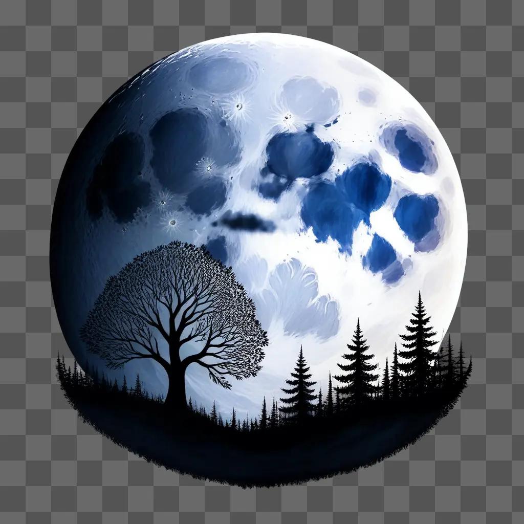 Moon drawing with clouds and trees in the background