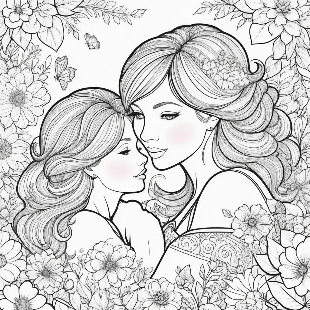 Mothers Day Coloring Page: Two women embracing flowers