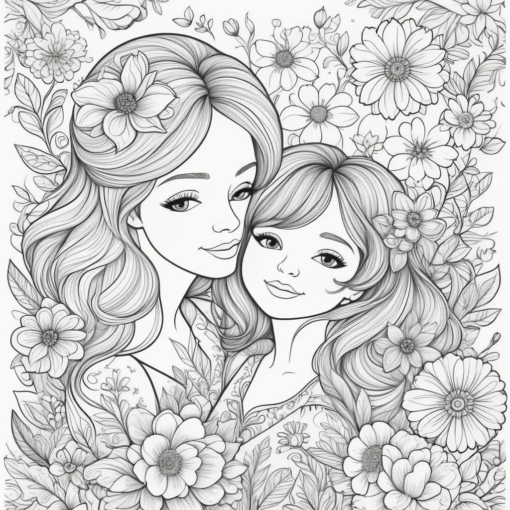 Mothers Day Coloring Pages Featuring Beautiful Flowers and Two Women