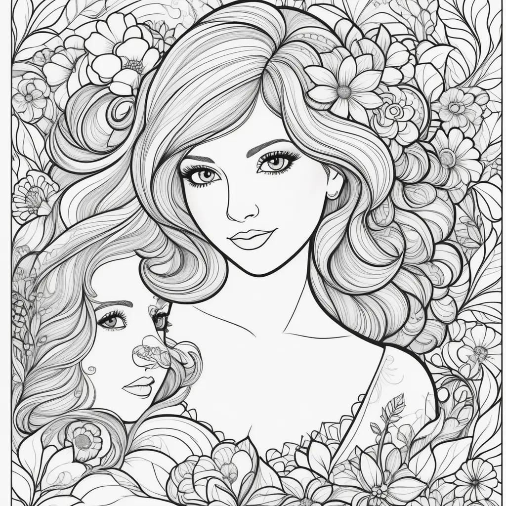 Mothers Day Coloring Pages featuring a beautiful woman and her daughter in a floral setting