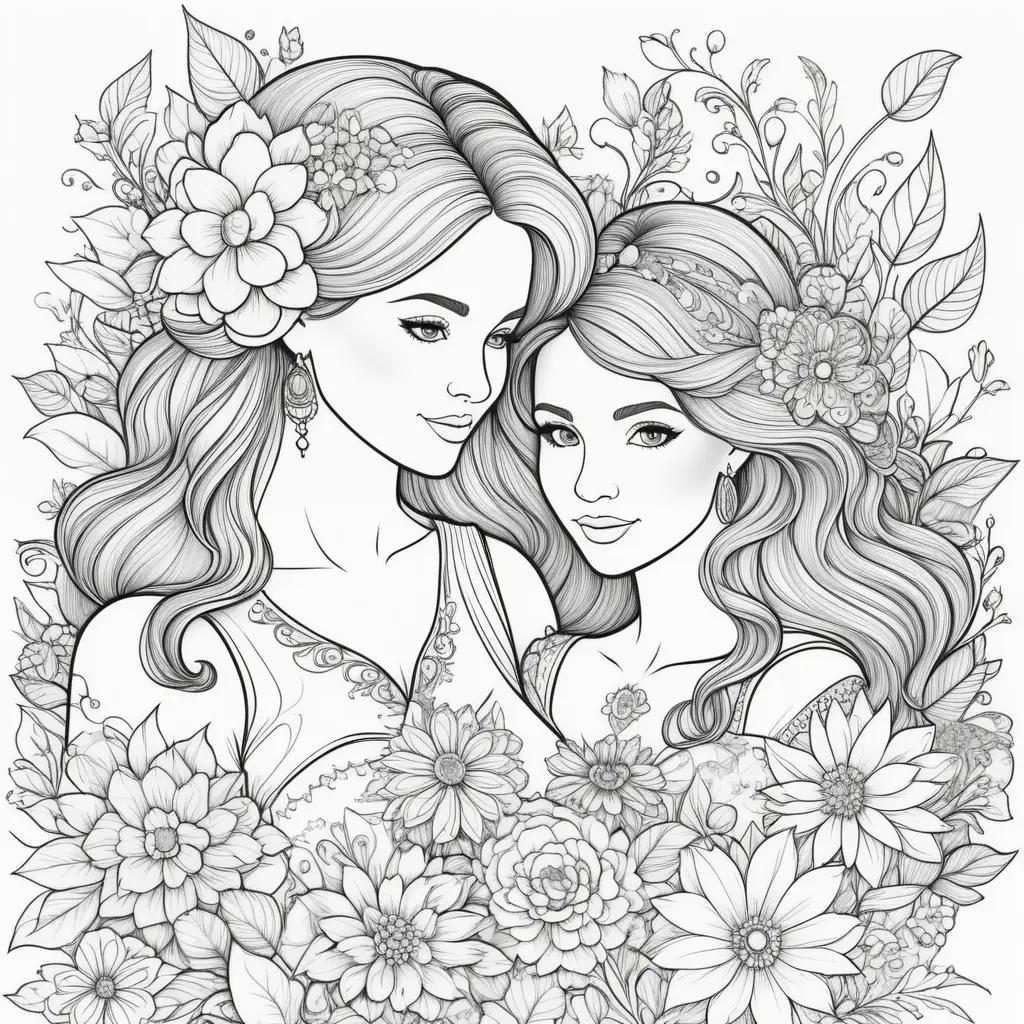 Mothers Day Coloring Pages with Beautiful Women and Flowers