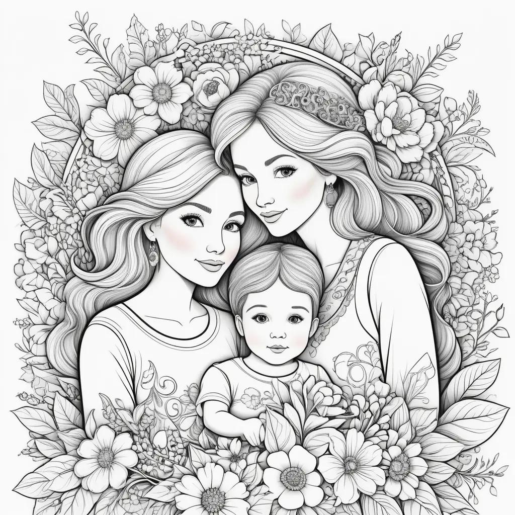 Mothers Day coloring page featuring a mother and her two children