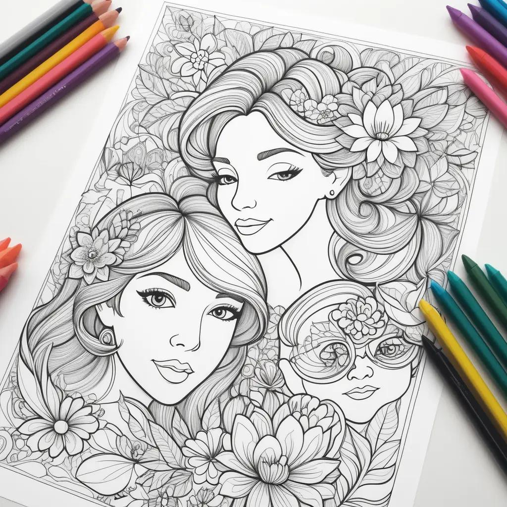 Mothers Day coloring page featuring two beautiful women and flowers