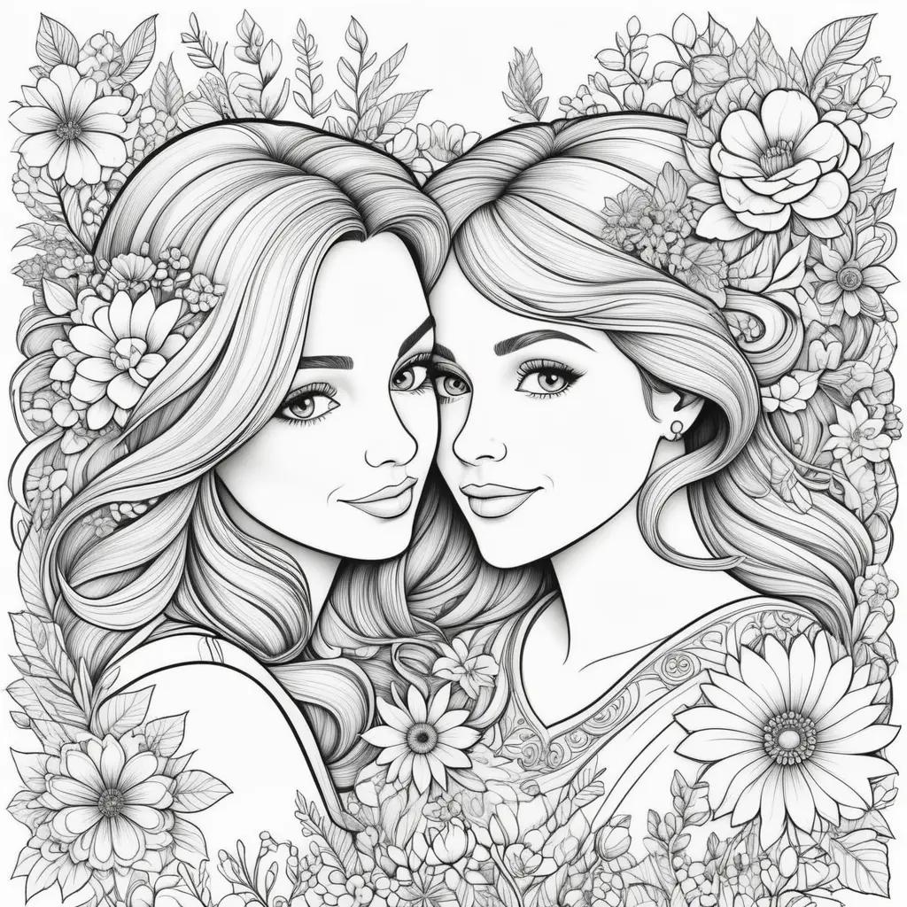 Mothers Day coloring pages feature two women surrounded by flowers