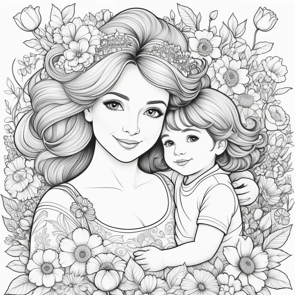 Mothers Day coloring pages featuring a woman and child