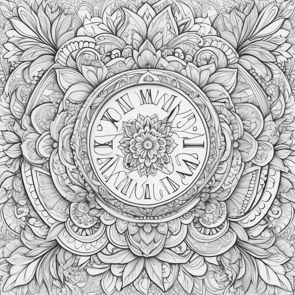 Motivation Coloring Pages - A black and white illustration of a clock surrounded by flowers