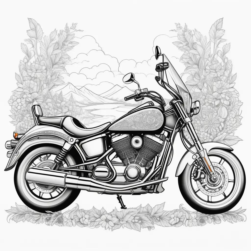 Motorcycle coloring pages featuring a black and white drawing of a motorcycle