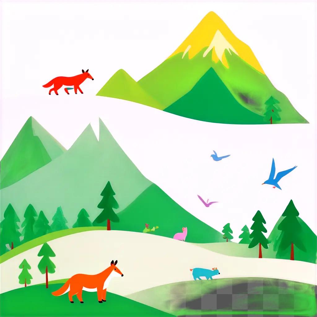 Mountain drawing for kids with a fox and a bear