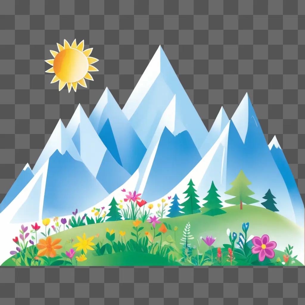 Mountain drawing for kids with sun and flowers