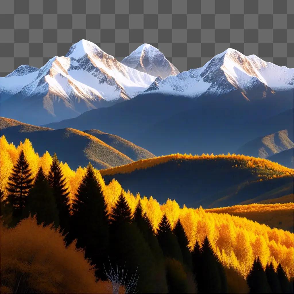 Mountain image with snow and autumn trees