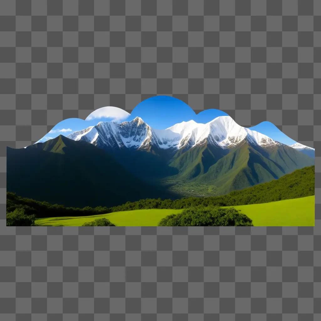 Mountain image with snow on top and green grass below