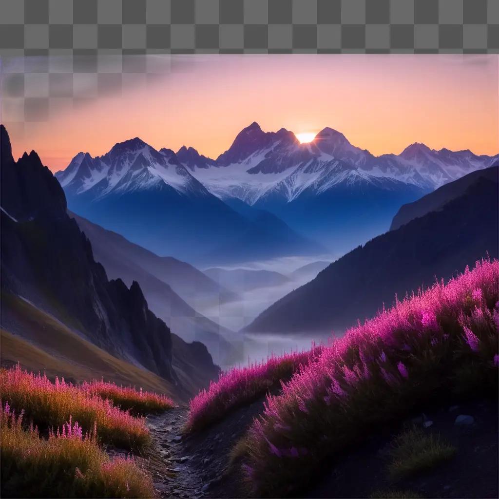 Mountain sunset with purple flowers and fog