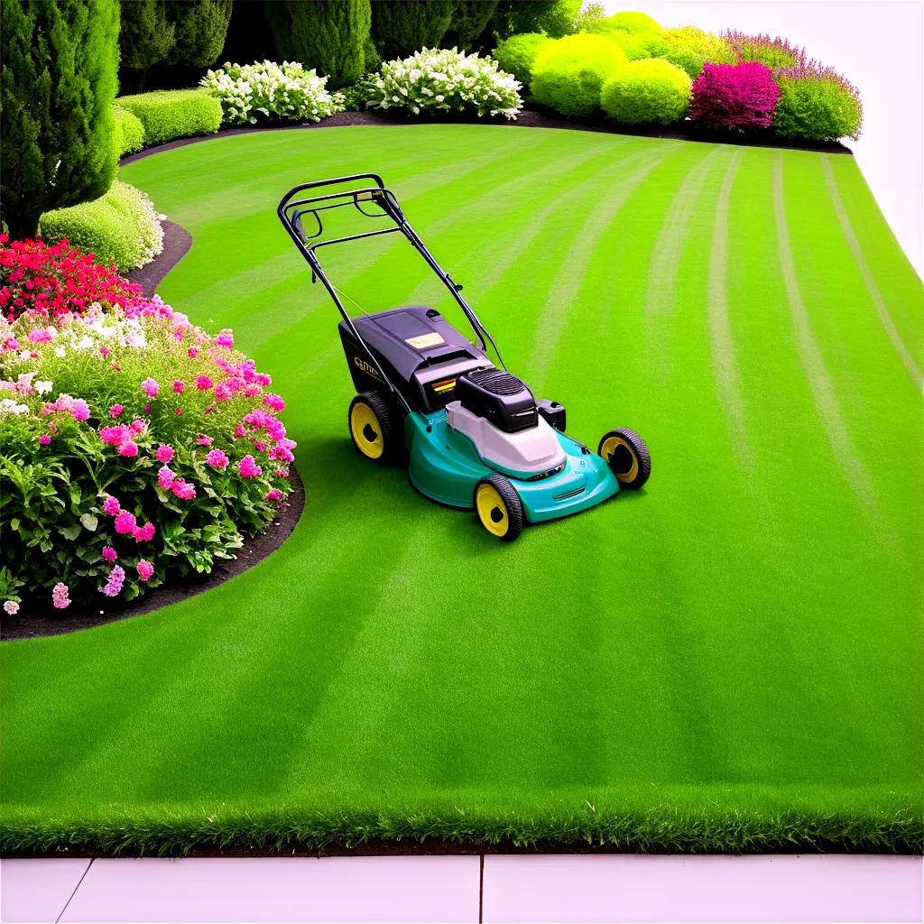 Mower mows the lawn, surrounded by pink flowers