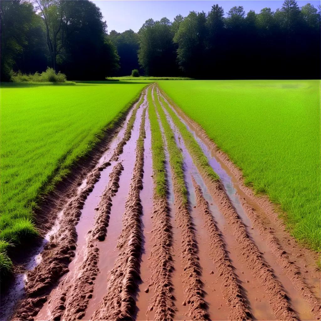 Muddy dirt road leading into a green field