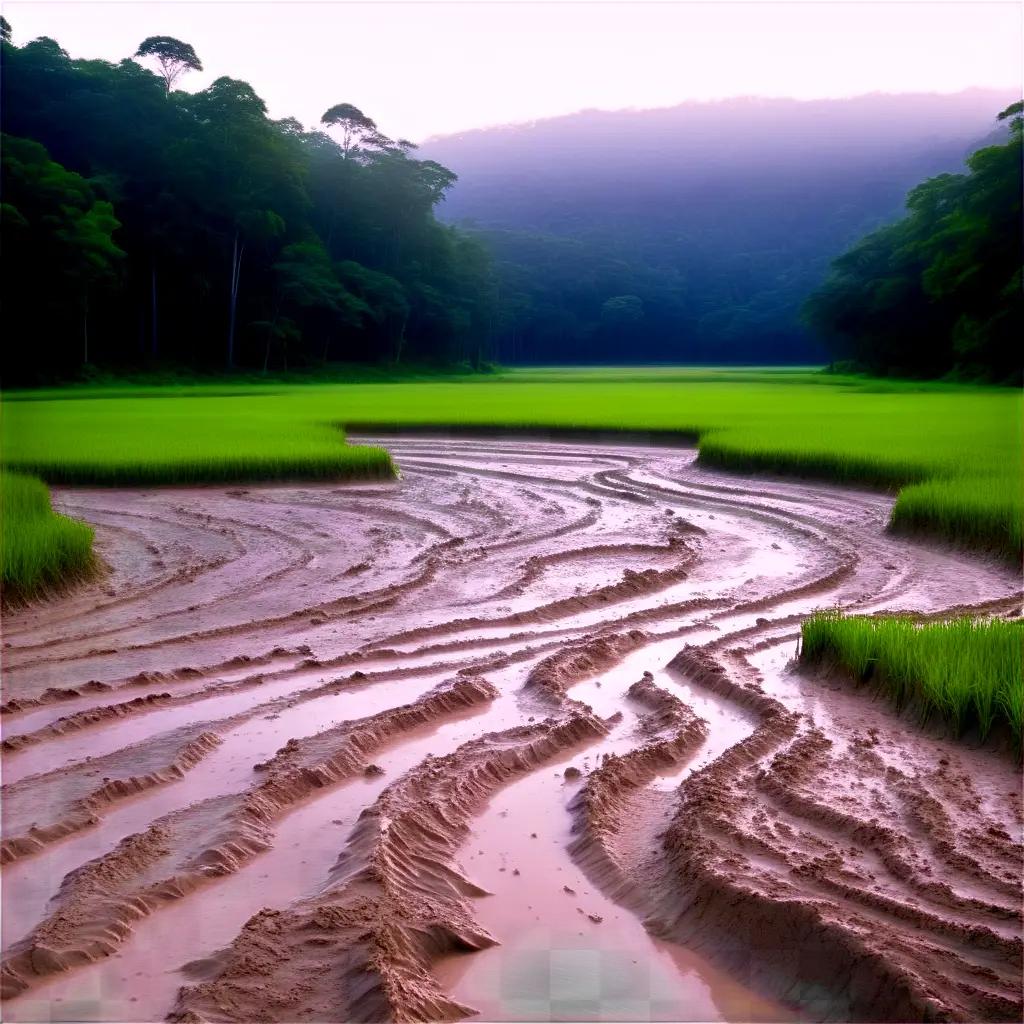 Muddy river with green grass and trees in background