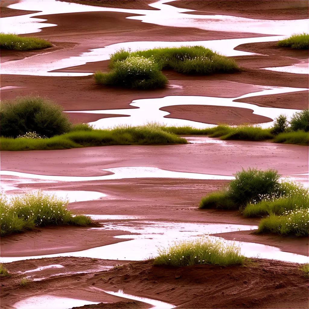 Muddy river with plants and flowers in the water