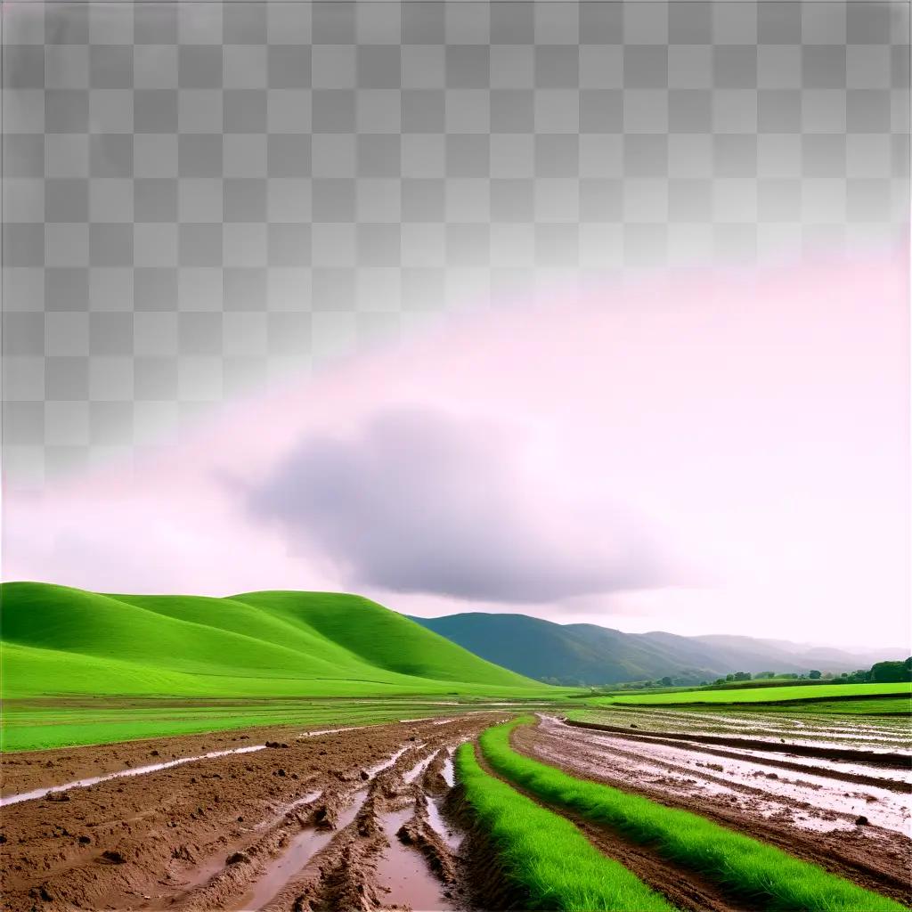 Muddy tracks through green landscape with hills in the distance